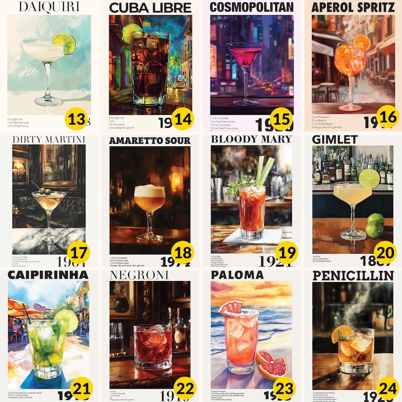 A set of 2 vintage bar cocktail drink wall art posters with recipes & the year created. Choose 2 from our 27 designs. Available in multiple sizes with free shipping. (Poster only no frame included, shown framed for illustration purposes only)