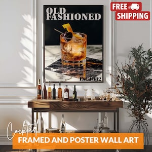 Póster de cóctel clásico, bebida tradicional, impresión de alcohol en carrito de bar de bourbon, arte mural de whisky para bar o cocina, póster o marco.