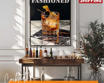 Old Fashioned Cocktail Fine Art Print: Vintage Whisky Home Bar Decor