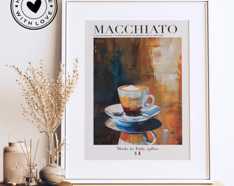 Może przedstawiać: Plakat w stylu vintage z obrazem filiżanki kawy macchiato. Plakat zawiera tekst "MACCHIATO" i "Made in Italy, 1980s".