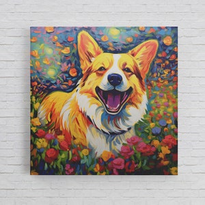 Van Gogh Corgi Canvas Print: Colorful Dog Pop Art