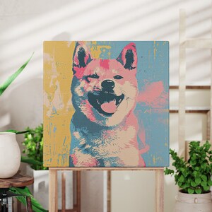 A modern Andy Warhol style dog portrait of a Shiba Inu. Available in multiple sizes with free shipping. (Rolled canvas only, no frame or stretcher bars included, seen hanging for illustration purposes only)