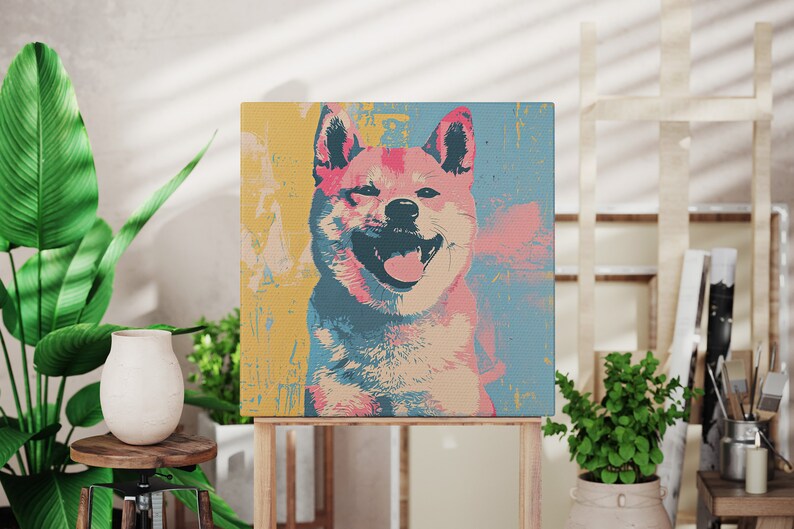 A modern Andy Warhol style dog portrait of a Shiba Inu. Available in multiple sizes with free shipping. (Rolled canvas only, no frame or stretcher bars included, seen hanging for illustration purposes only)