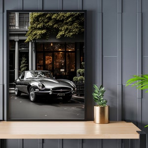 Poster Jaguar Type E de 1961 : élégante voiture argentée, oeuvre d&#39;art murale luxueuse