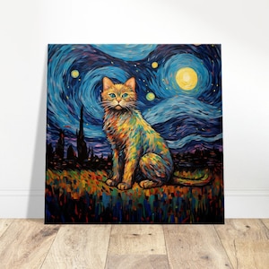 May include: A painting of a cat sitting in a field with a starry night sky in the background. The cat is orange and white with blue eyes. The sky is blue and purple with white stars and a yellow moon.