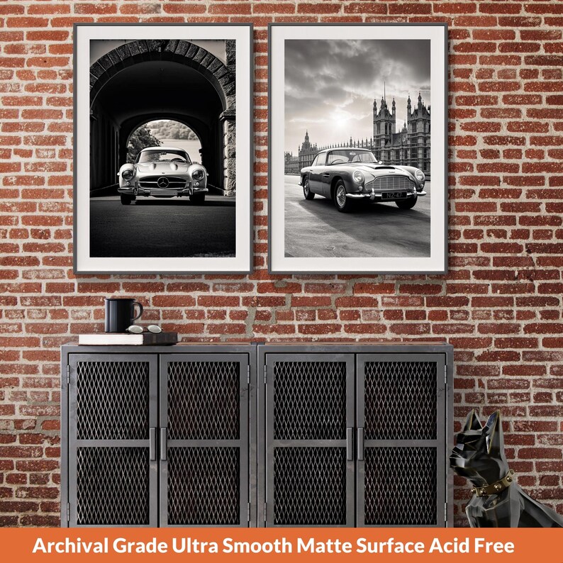 2 Pack Bundle Vintage Black & White Car Poster Set Ferrari Porsche