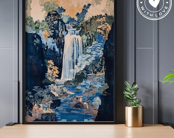May include: A framed print of a Japanese-style painting depicting a waterfall cascading down a rocky cliffside. The painting is done in shades of blue, green, and white, with a hint of orange in the background. The print is framed in black.