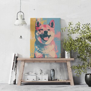 A modern Andy Warhol style dog portrait of a Shiba Inu. Available in multiple sizes with free shipping. (Rolled canvas only, no frame or stretcher bars included, seen hanging for illustration purposes only)