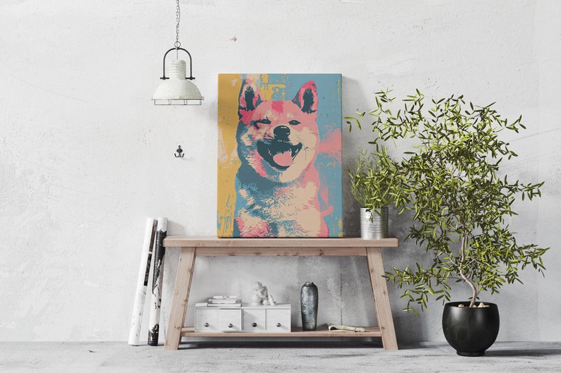A modern Andy Warhol style dog portrait of a Shiba Inu. Available in multiple sizes with free shipping. (Rolled canvas only, no frame or stretcher bars included, seen hanging for illustration purposes only)