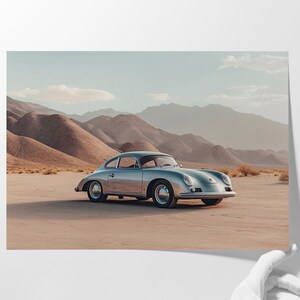 An original color car poster featuring the iconic Porsche 356 in silver in a desert. Available in  multiple sizes with free shipping.