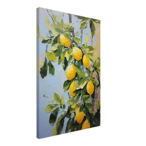 An oil painting canvas print of yellow lemons and leaves against a blue background. Available in multiple sizes with free shipping.