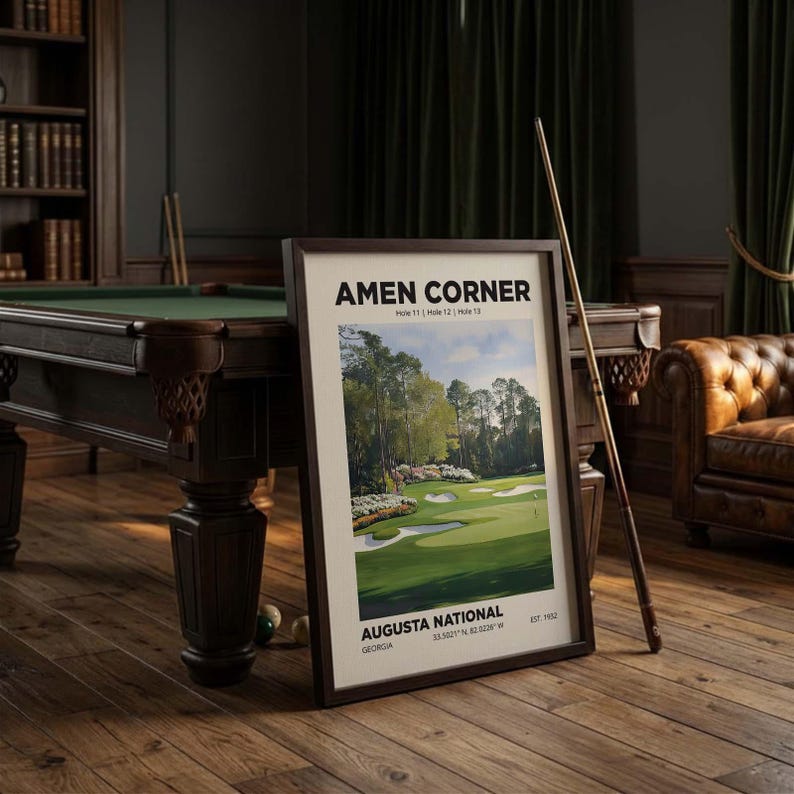 The famous Amen Corner at Augusta golf poster wall art print. Shown in a black frame against a pool table in a home. Choose from multiple sizes, poster only or 4 framed in 4 frame colors, with shipping included.