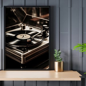 Vintage Record Player Photo Print: Black Metal Frame, Monochrome Music Wall Art