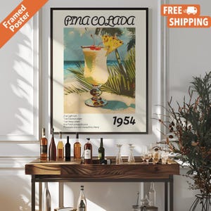 Vintage Pina Colada Plakat, Cocktailrezept Barwagendruck, Rum-Cocktailgetränk Wandkunst für Bar oder Küche, nur Poster oder gerahmt