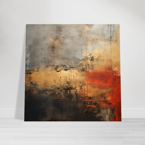 Dramatic Square Canvas Print | Dark Gray, Black Gold Red Abstract Art | Abstract Canvas Wallart | Free Shipping