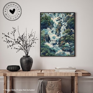 Impression cascade ukiyo-e : art du paysage japonais, décoration d&#39;intérieur bleu vert