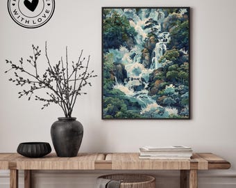 May include: A framed print of a watercolor painting depicting a cascading waterfall in a lush green forest. The painting features a vibrant blue and green color palette and depicts a serene and tranquil scene.