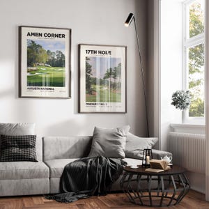 May include: Two framed wall art prints featuring golf course landscapes. The left print is titled AMEN CORNER AUGUSTA NATIONAL, and the right print is titled 17TH HOLE PINEHURST NO. 2. Both prints display green fairways, trees, and sand bunkers.