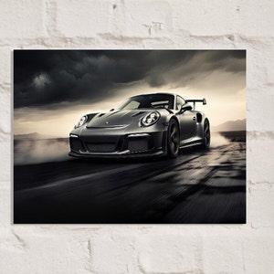 Silver 2019 Porsche 911 GT3 RS Car Poster, Classic Car Art, Gift for Car Enthusiasts Mancave Decor, Free Shipping