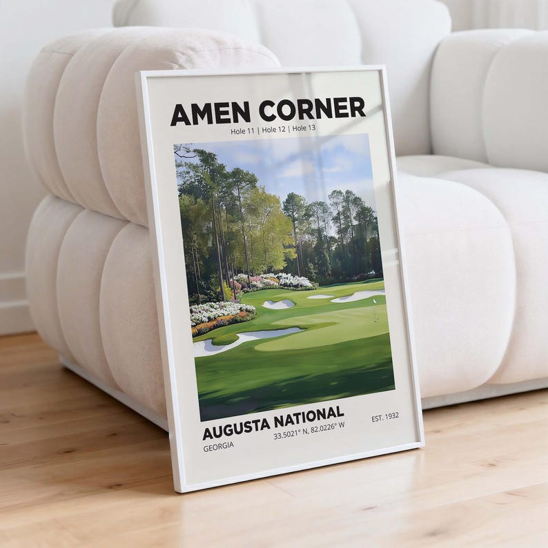 The famous Amen Corner at Augusta golf course. This golfer poster is seen in a white wooden frame leaning against a white arm chair. Choose from multiple sizes, poster only or 4 framed in 4 frame colors, with shipping included.
