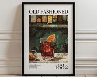 Old Fashioned Cocktail Recipe Print: Vintage Bar Cart Wall Art