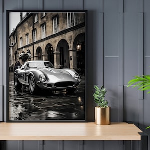 Póster del Ferrari GTO 250 plateado de 1962: arte mural de coches de lujo