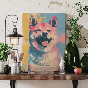 A modern Andy Warhol style dog portrait of a Shiba Inu. Available in multiple sizes with free shipping. (Rolled canvas only, no frame or stretcher bars included, seen hanging for illustration purposes only)