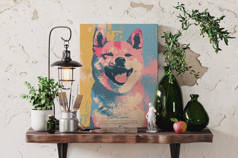 A modern Andy Warhol style dog portrait of a Shiba Inu. Available in multiple sizes with free shipping. (Rolled canvas only, no frame or stretcher bars included, seen hanging for illustration purposes only)