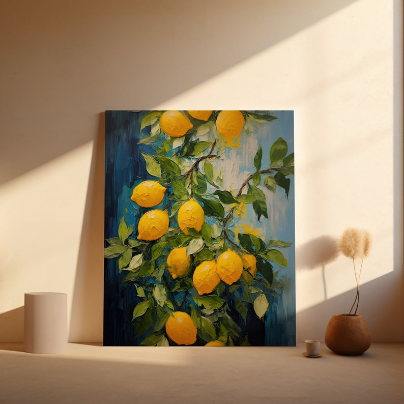 An original oil painting canvas print of vibrant lemons against a blue background. Available in multiple seizes with free shipping. Pictured leaning on a wall