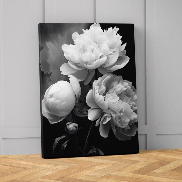 Monochrome Peony Flowers Canvas Print, Black & White Flowers, Elegant Home Décor, Original Peonies Wall Art, Free Shipping