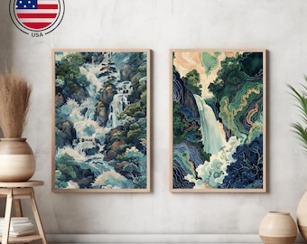Pode incluir: Conjunto de duas impressões com pinturas abstratas em aquarela de cachoeiras em uma floresta verde exuberante. As impressões são emolduradas em uma moldura de madeira clara.