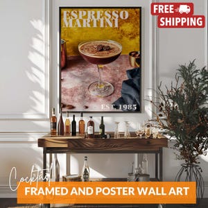 Póster de Espresso Martini, Impresión de carrito de bar con receta de cóctel de vodka, Arte mural de cóctel de vodka Martini para bar o cocina, Póster o marco
