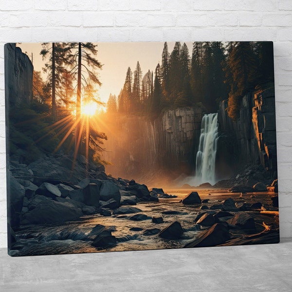 River Waterfall Sunset Landscape Canvas - Forest Waterfall Art - Artful Canvas Print Waterfall - Nature Wall Art - Free Shipping