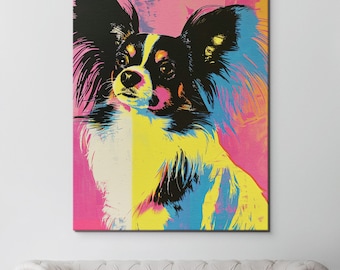 Modern Andy Warhol Style Papillon Dog Portrait Rolled Canvas, Colorful Pet Portrait For Dog Lover, Free Shipping