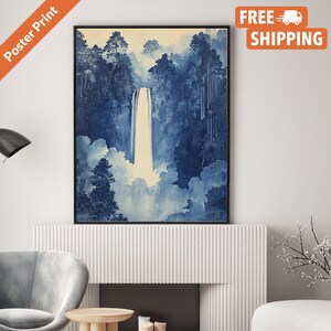 A traditional Japanese Hokusai waterfall poster wall art in blue. Available in multiple sizes with free shipping. (Poster only, no frame included, shown for illustration purposes only)