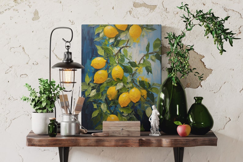 An original oil painting canvas print of vibrant lemons against a blue background. Available in multiple seizes with free shipping. Pictured leaning on a shelf