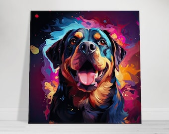 May include: A Rottweiler dog with a black and brown coat is depicted in a colorful abstract painting. The dog's tongue is sticking out and it has a happy expression. The background is a mix of blue, pink, yellow, and orange colors.
