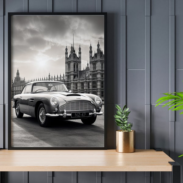 James Bond Aston Martin DB5 Poster Print, Klassieke Auto Poster, Sportwagen Decor, Exotische Auto Kunst aan de Muur, Automotive Print, Gratis verzending