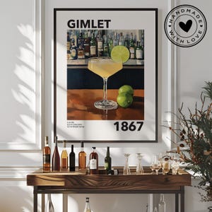 Póster vintage con receta de cóctel Gimlet, decoración de bar, impresión de bebida alcohólica, arte mural de ginebra para bar o cocina, solo póster o enmarcado.