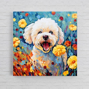 May include: A white fluffy dog with a happy expression is surrounded by colorful flowers. The dog is in a field of yellow, orange, red, and blue flowers. The background is a blue sky.