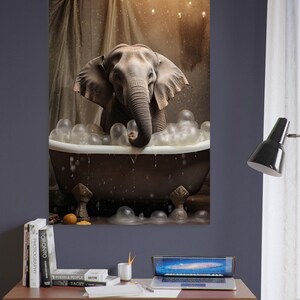 Póster de elefante en la bañera, arte mural humorístico de animales, póster peculiar, decoración de pared, póster de animales regalados