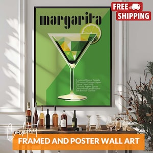 Póster vintage de margarita y martini, receta de cóctel, impresión de carrito de bar, bebida de tequila, arte mural moderno para bar o cocina, solo póster o enmarcado.
