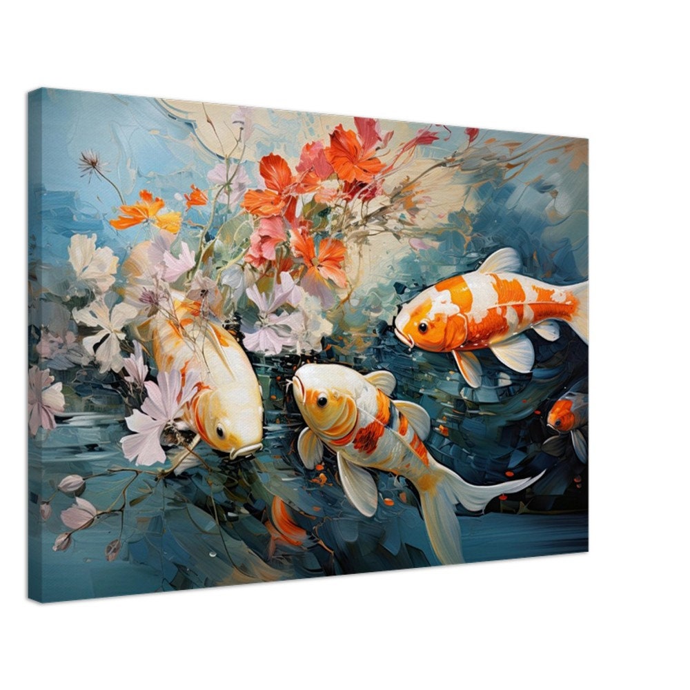 Japanese Koi Fish Canvas Modern Koi Fish Art Painting, Large Wall Art