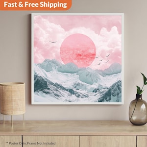Square Pink Hokusai Ukiyo-e Japanese Wall Art Landscape Poster Print Pink Blue Japanese Home Decor