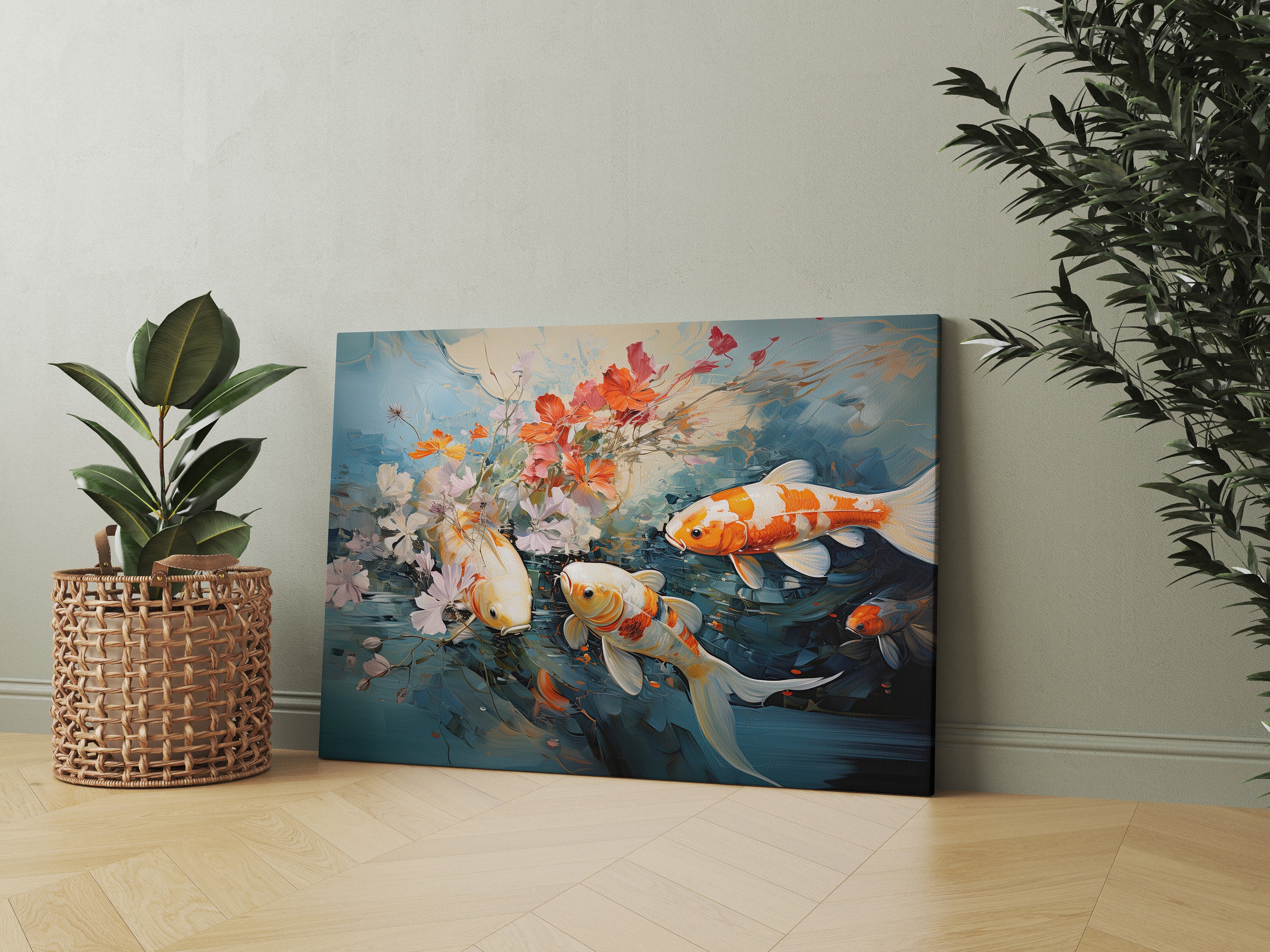 Japanese Koi Fish Canvas Modern Koi Fish Art Painting, Large Wall Art
