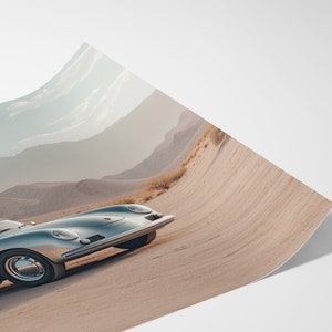 An original color car poster featuring the iconic Porsche 356 in silver in a desert. Available in  multiple sizes with free shipping.