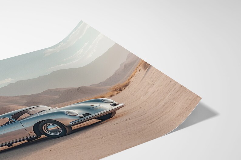 An original color car poster featuring the iconic Porsche 356 in silver in a desert. Available in  multiple sizes with free shipping.