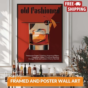 Póster vintage de receta de cóctel, bebida de whisky bourbon en un carrito de bar, arte mural moderno para bar o cocina (solo póster o enmarcado).