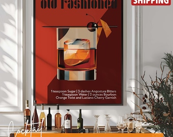 Old Fashioned Cocktail Recipe Print: Vintage Whiskey Bar Cart Alcohol Wall Art