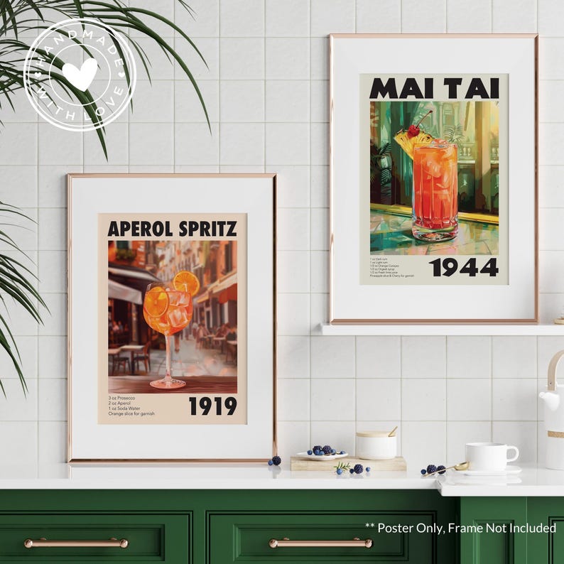 A set of 2 vintage bar cocktail drink wall art posters with recipes & the year created. Choose 2 from our 17 designs. Available in multiple sizes with free shipping. (Poster only no frame included, shown framed for illustration purposes only)
